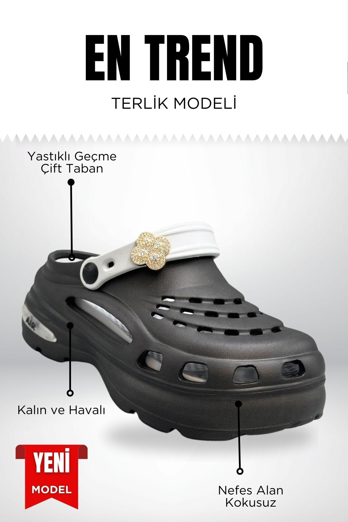 Moda Anna Yüksek Çift Taban Taşlı Deniz Havuz Sabo Doktor Hemşire Hastane Günlük Kadın Terlik Siyah Gri