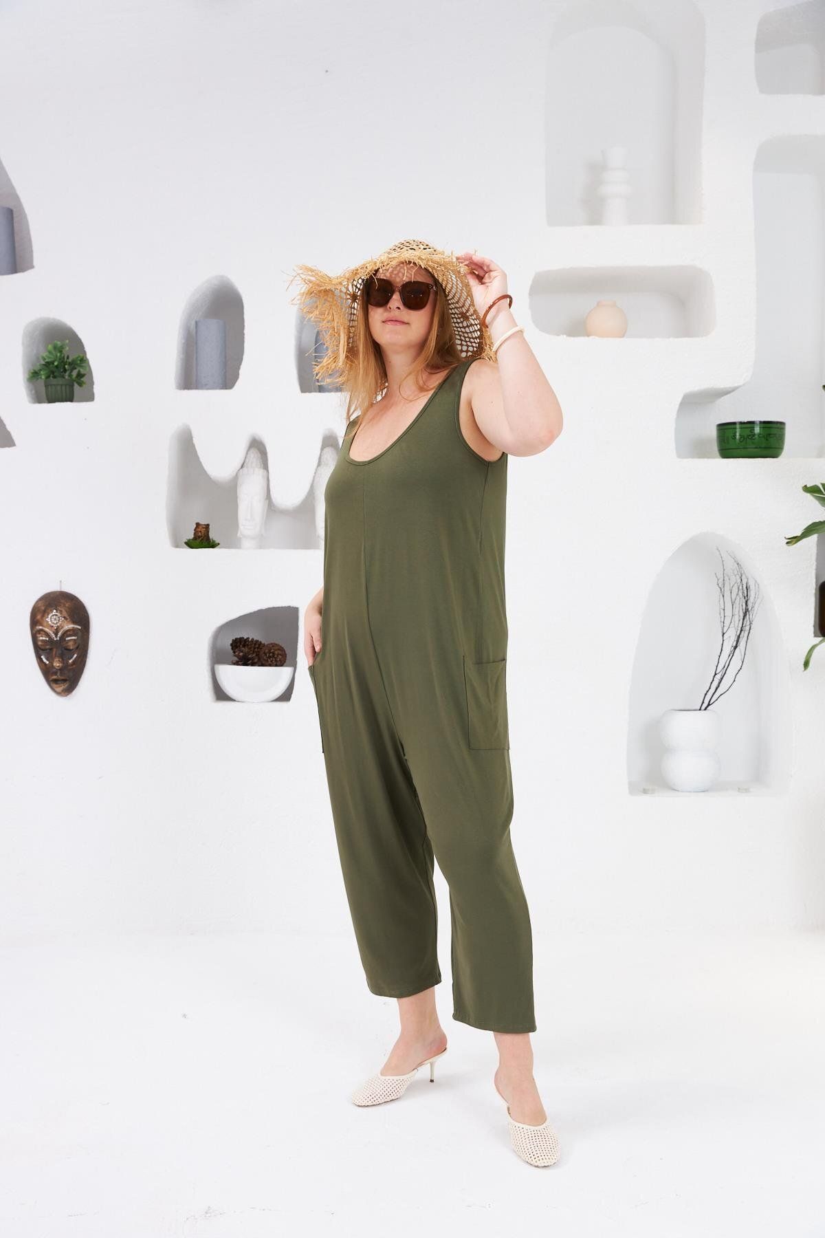 RMG-Large Size Jumpsuit with Pocket Detail Khaki 4
