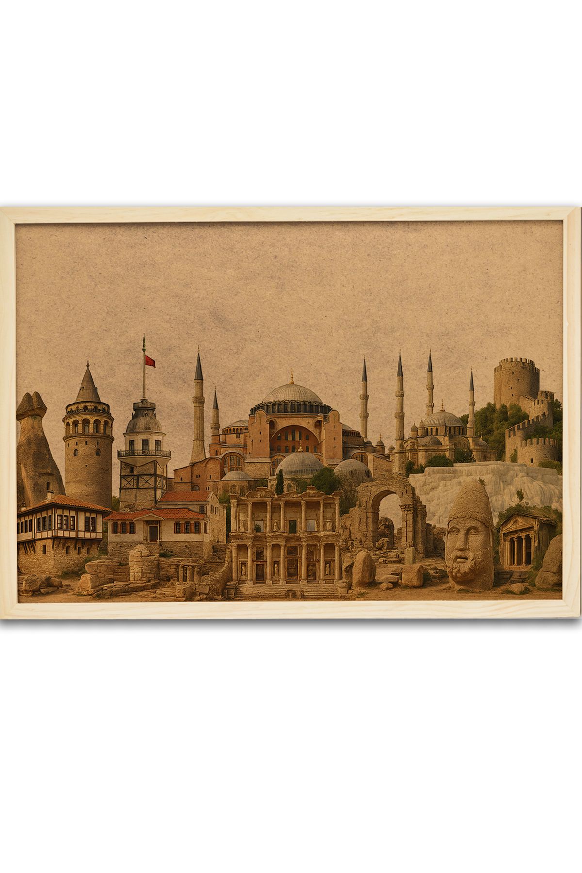 AND Mantar Pano Türkiye Turistik Yerler Ahşap Çerçeveli 45x60 Cm + Harita Çivisi