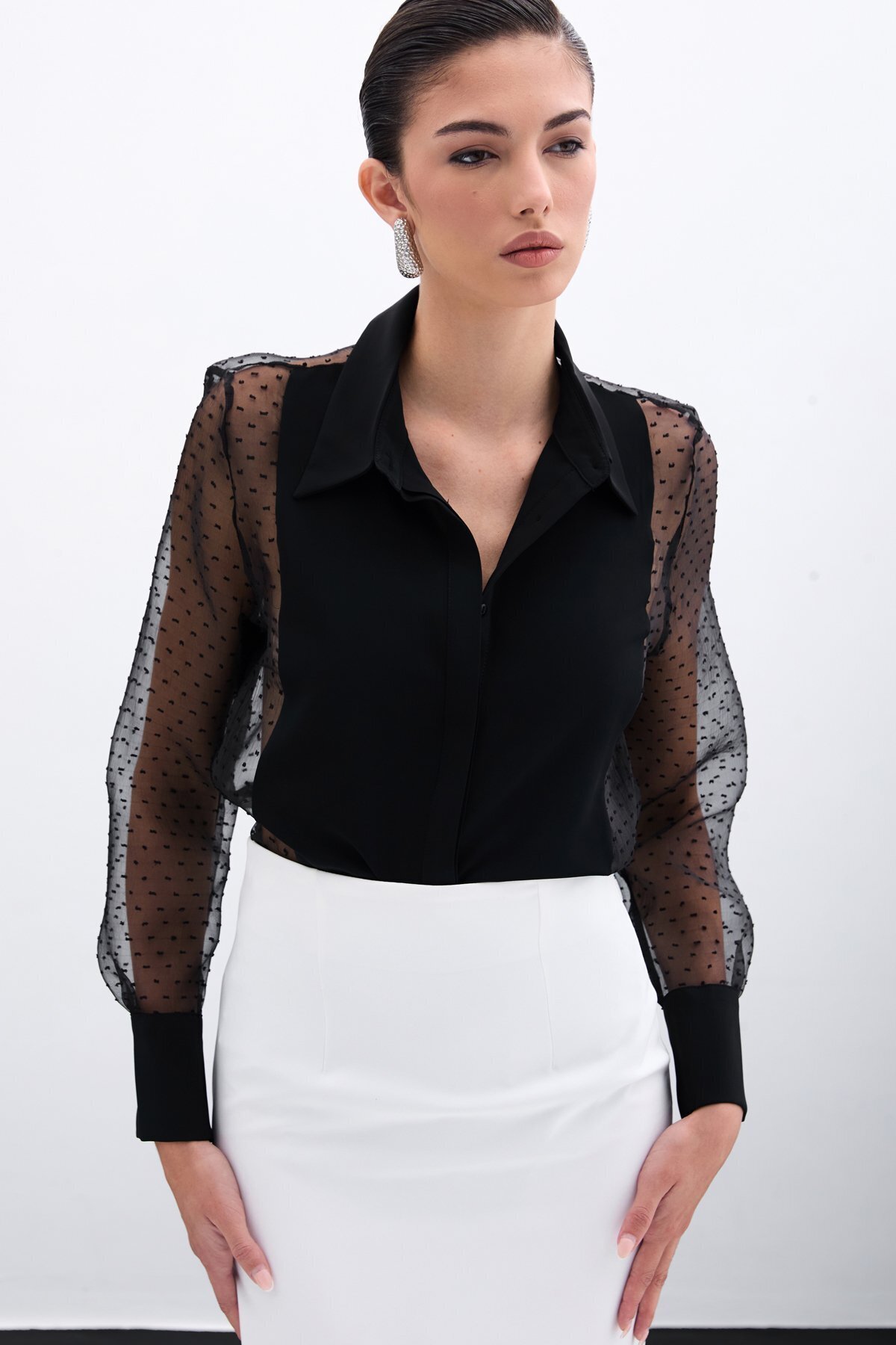 Sateen-Organza Detailed Shirt - Black 3