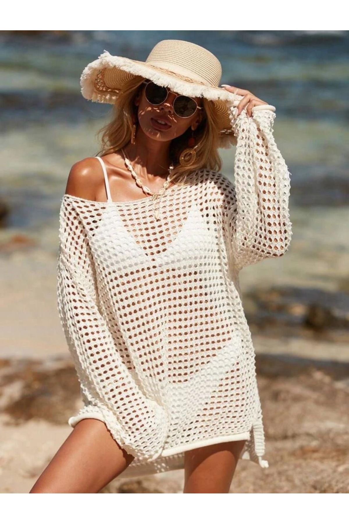 moda mh-Off Shoulder Openwork Patterned Beach Dress-Pareo 2