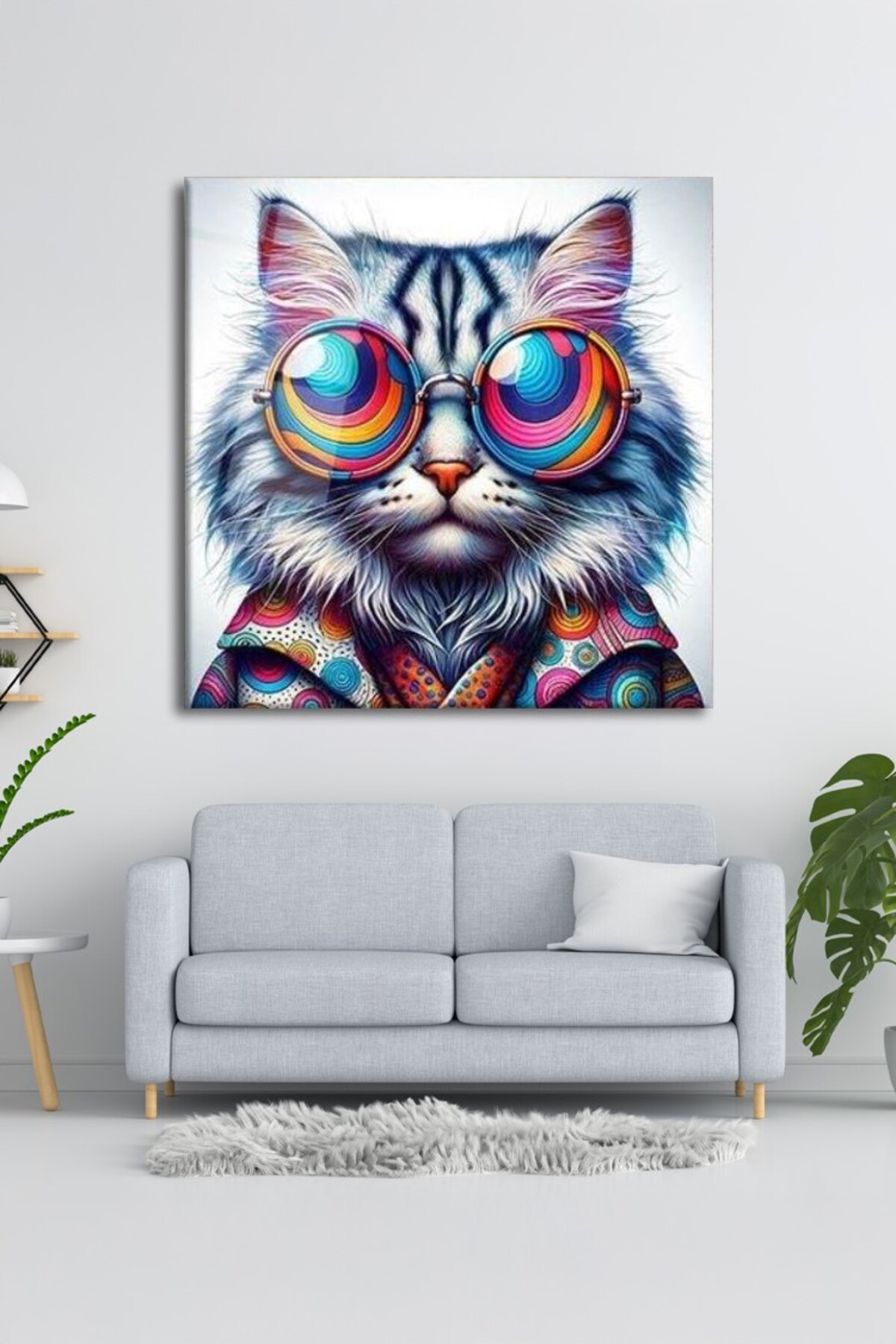 Hipster Kedi Renkli Bakış Cam Tablo görsel 3