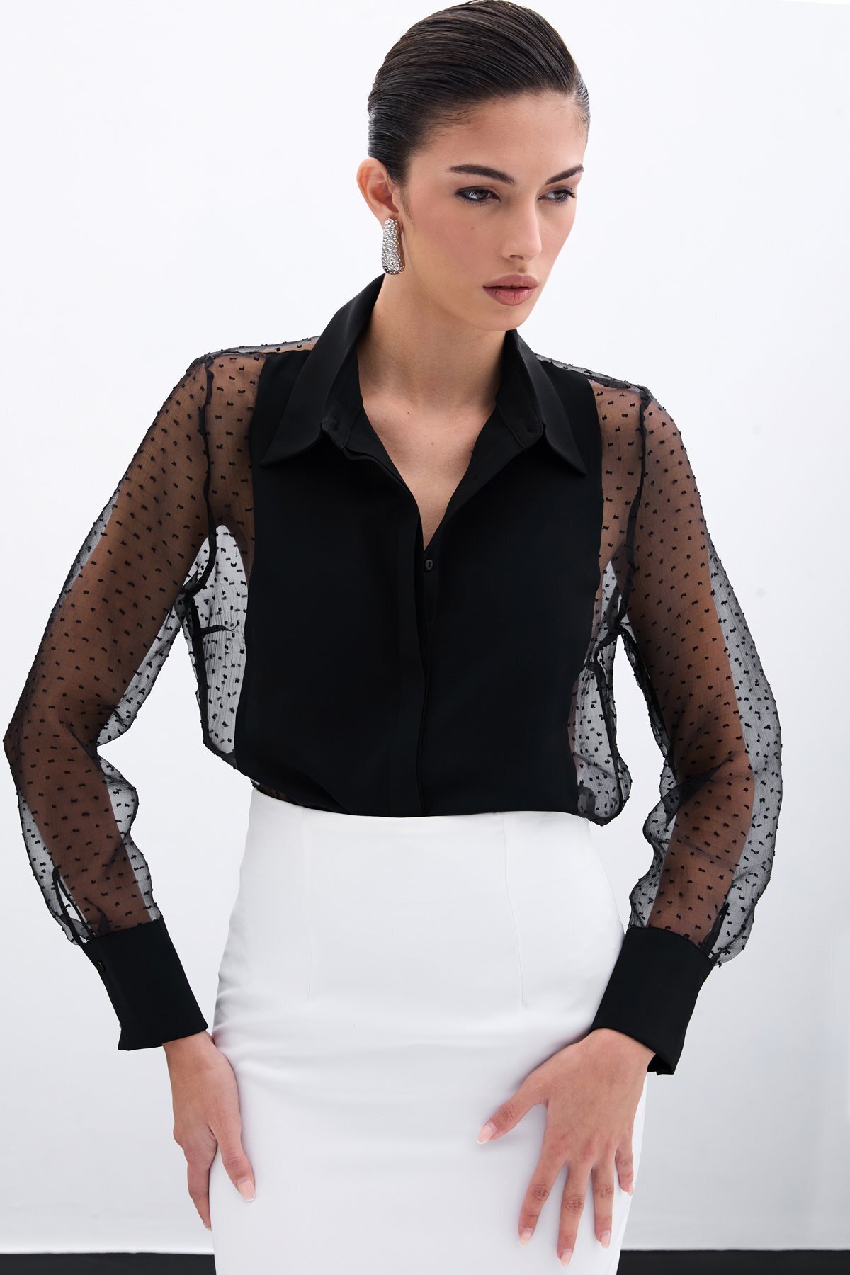 Sateen-Organza Detailed Shirt - Black 1