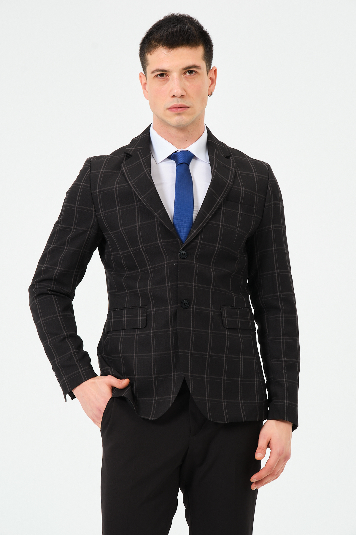 Pierre Cassi-Plaid Patterned Black Blazer - Regular Fit 3