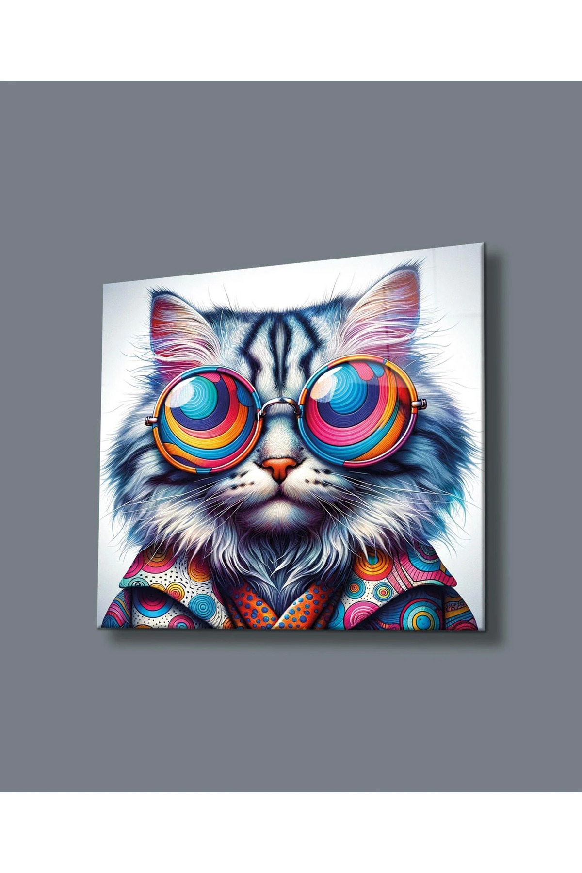Hipster Kedi Renkli Bakış Cam Tablo
