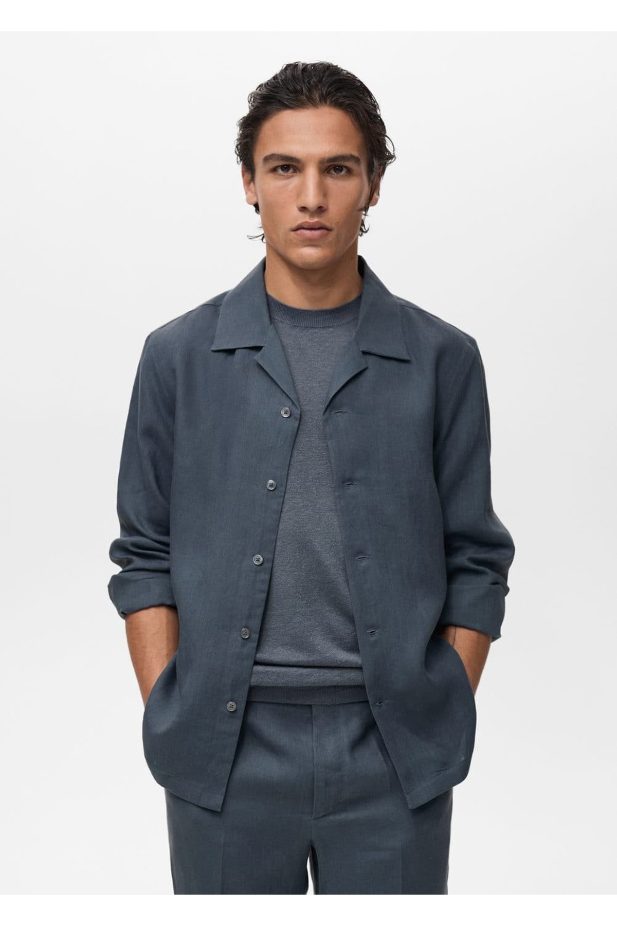 %100 keten bowling yaka gömlek