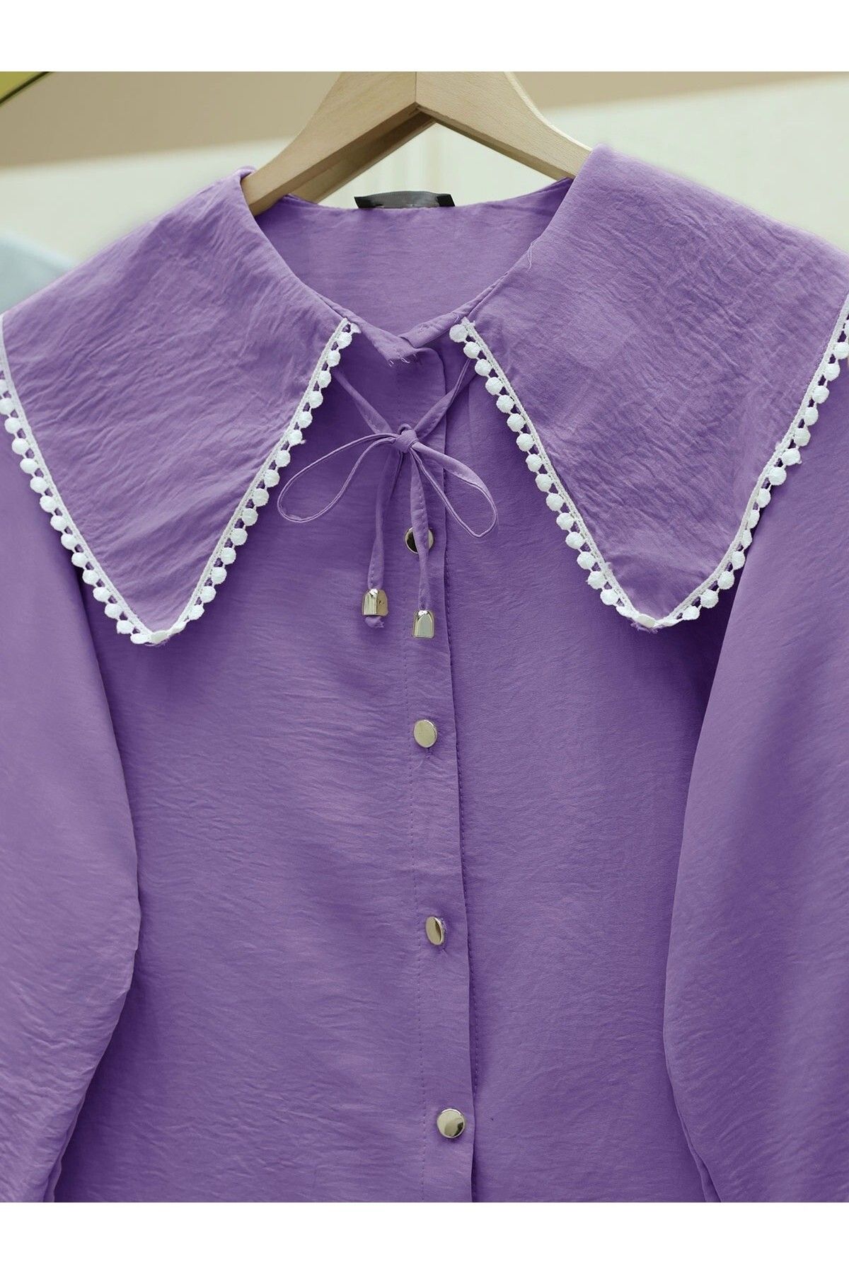 Modamorfo-Lilac Romen Baby Collar Lace Sleeve Elastic Shirt 5