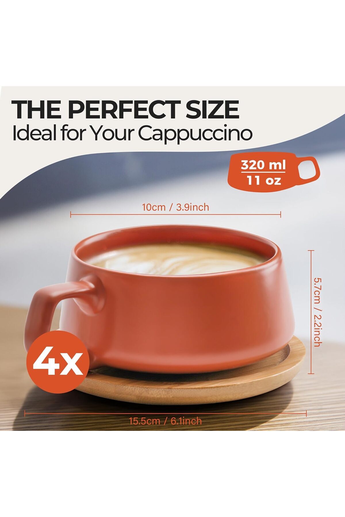 MIAMIO-320 ml., Set of 4 Ceramic Tea Cup and Saucer Bamboo/Tea Mug - Wide Cappuccino Cup, Coffee Cups 6