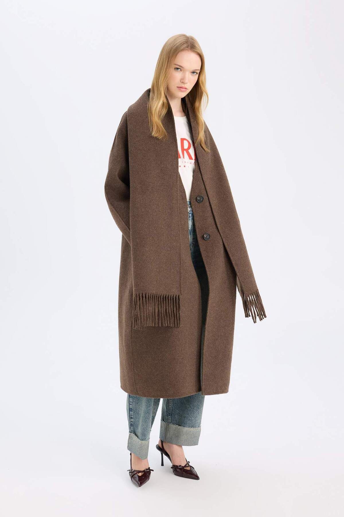 DeFacto-Long Wool Blend Stamp Coat and Shawl Set of 2 - Pockets and Buttons D4000Ax24Wn 4