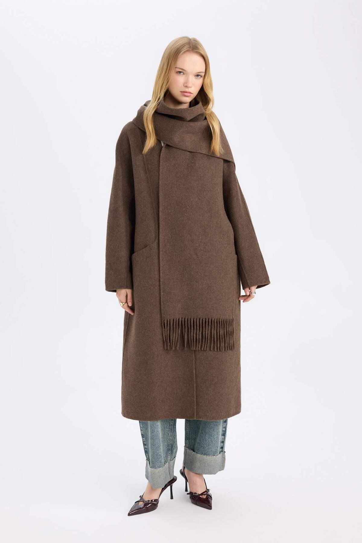 DeFacto-Long Wool Blend Stamp Coat and Shawl Set of 2 - Pockets and Buttons D4000Ax24Wn 2