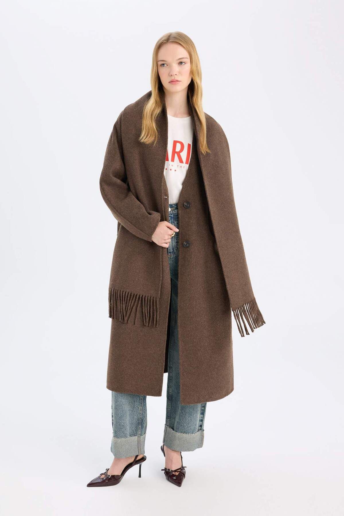 DeFacto-Long Wool Blend Stamp Coat and Shawl Set of 2 - Pockets and Buttons D4000Ax24Wn 5
