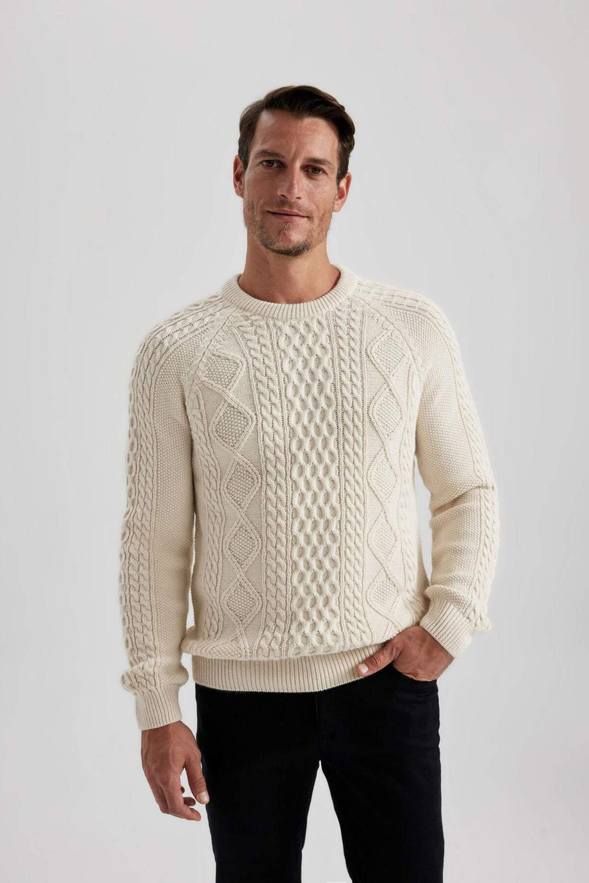 DeFacto-Standard Fit Regular Cut Knit Detailed Crew Neck Knitwear Sweater B3290Ax23Wn 6
