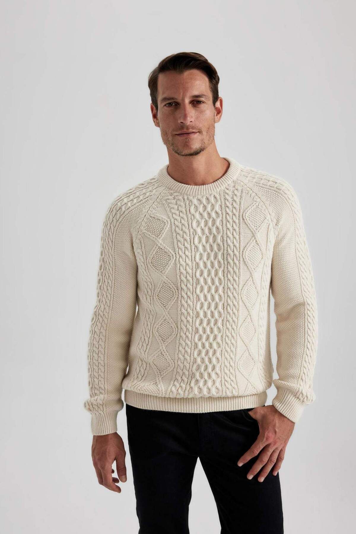 DeFacto-Standard Fit Regular Cut Knit Detailed Crew Neck Knitwear Sweater B3290Ax23Wn 4