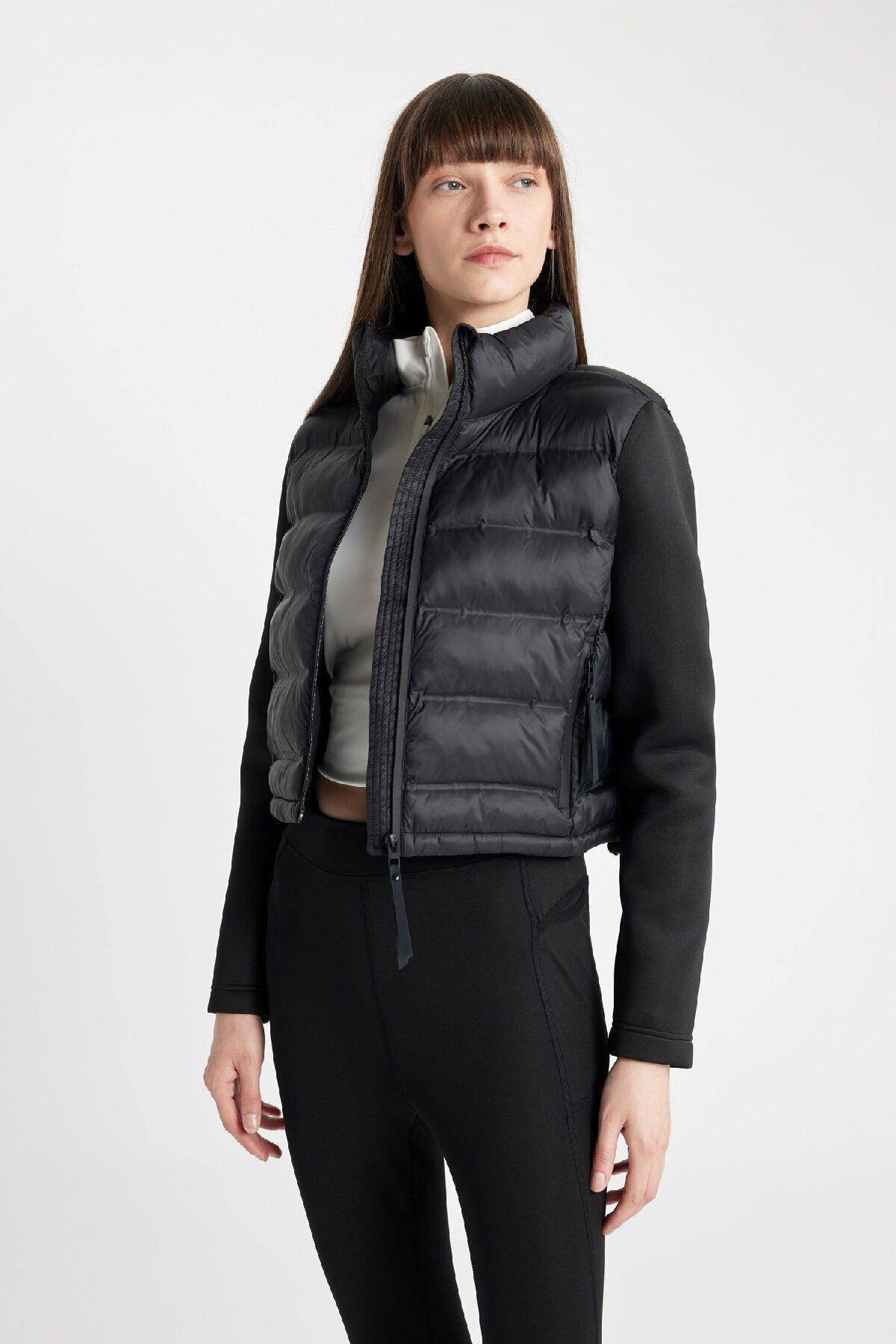 DeFacto-Stand Collar Zipper Scuba Sleeve Puffer Jacket - Pockets, Short C7536Ax24Wn 1