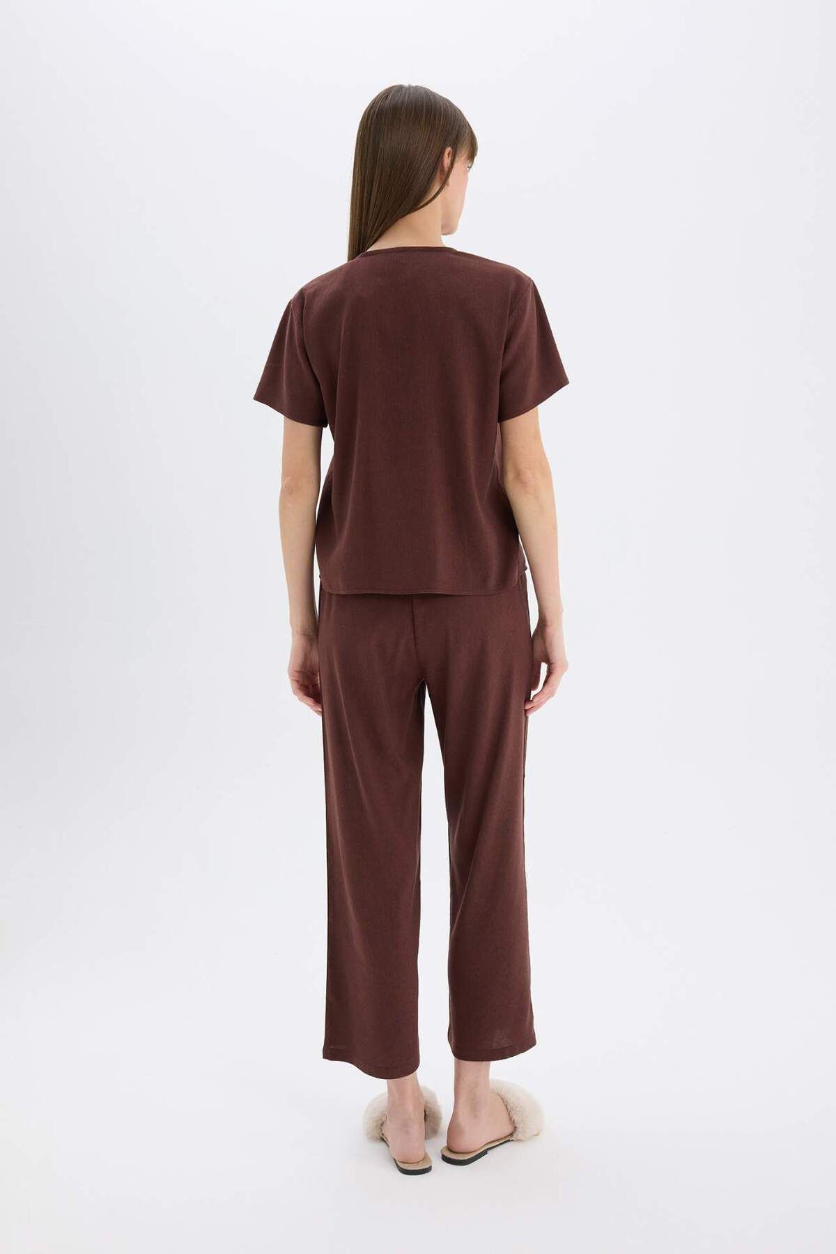 DeFacto-Pajama Sets Linen Short Sleeve Top Stretchy Waisted Bottom-Fall in Love E3571Ax25Sp 6