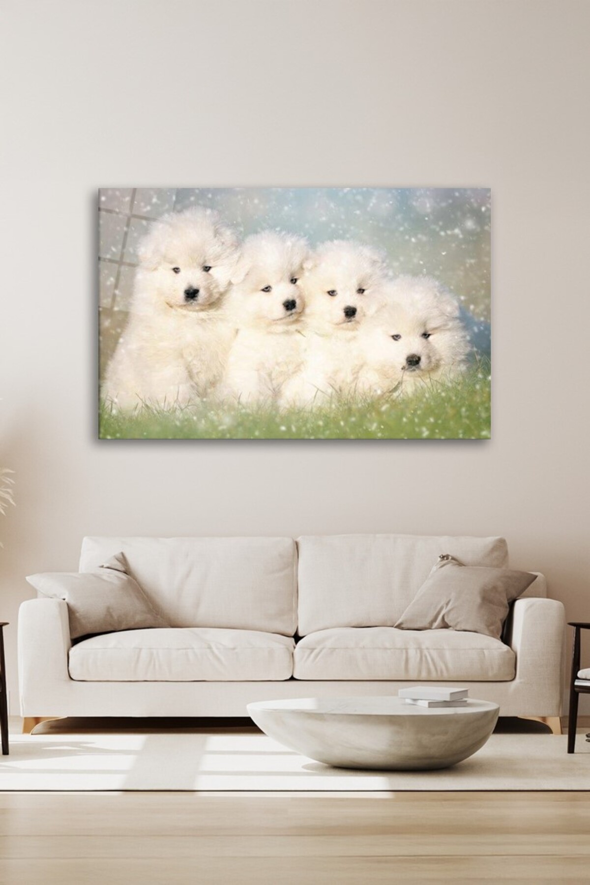 Beyaz Yavru Köpekler Cam Tablo görsel 2