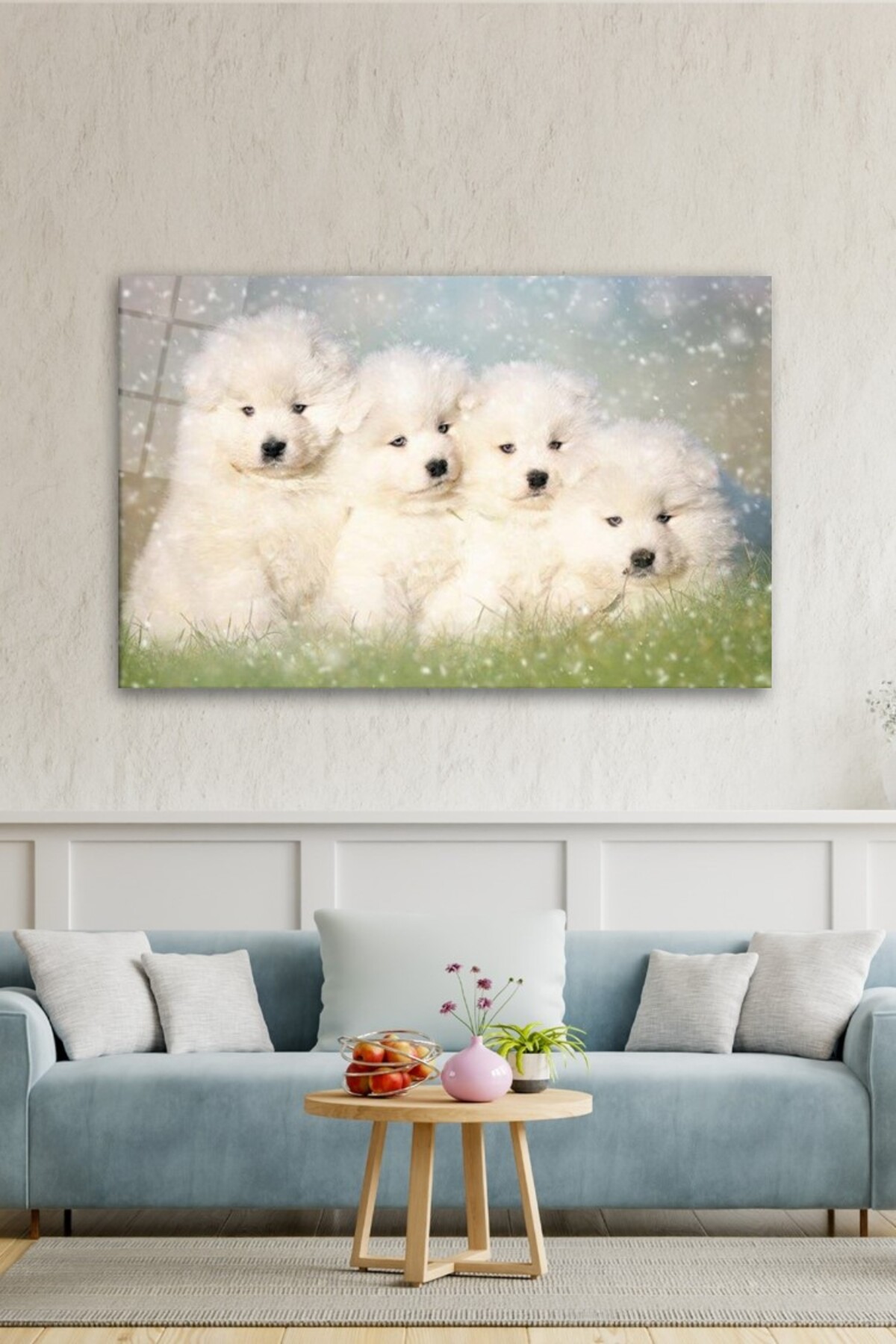 Beyaz Yavru Köpekler Cam Tablo görsel 4