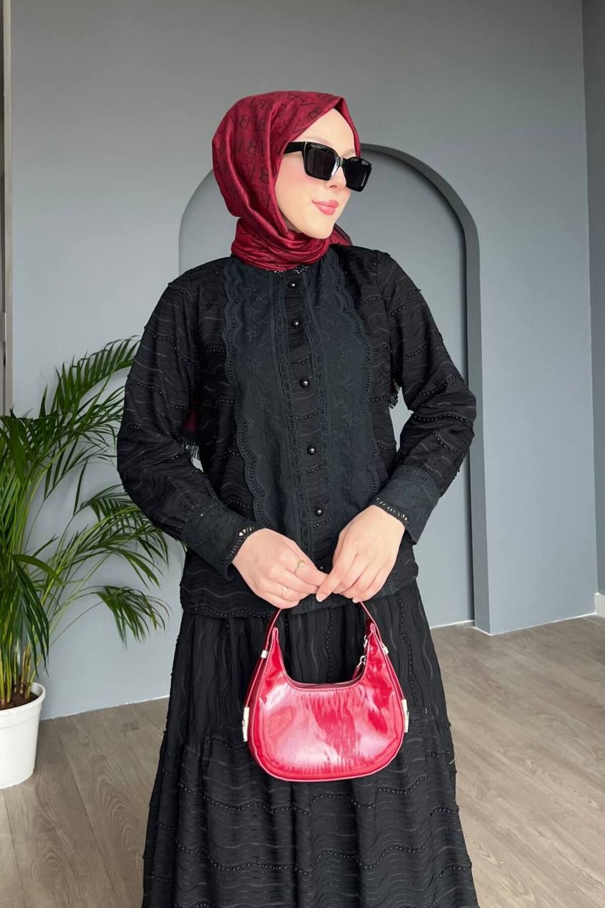 Mirahur G Desenli Çift Taraflı Şal Bordo