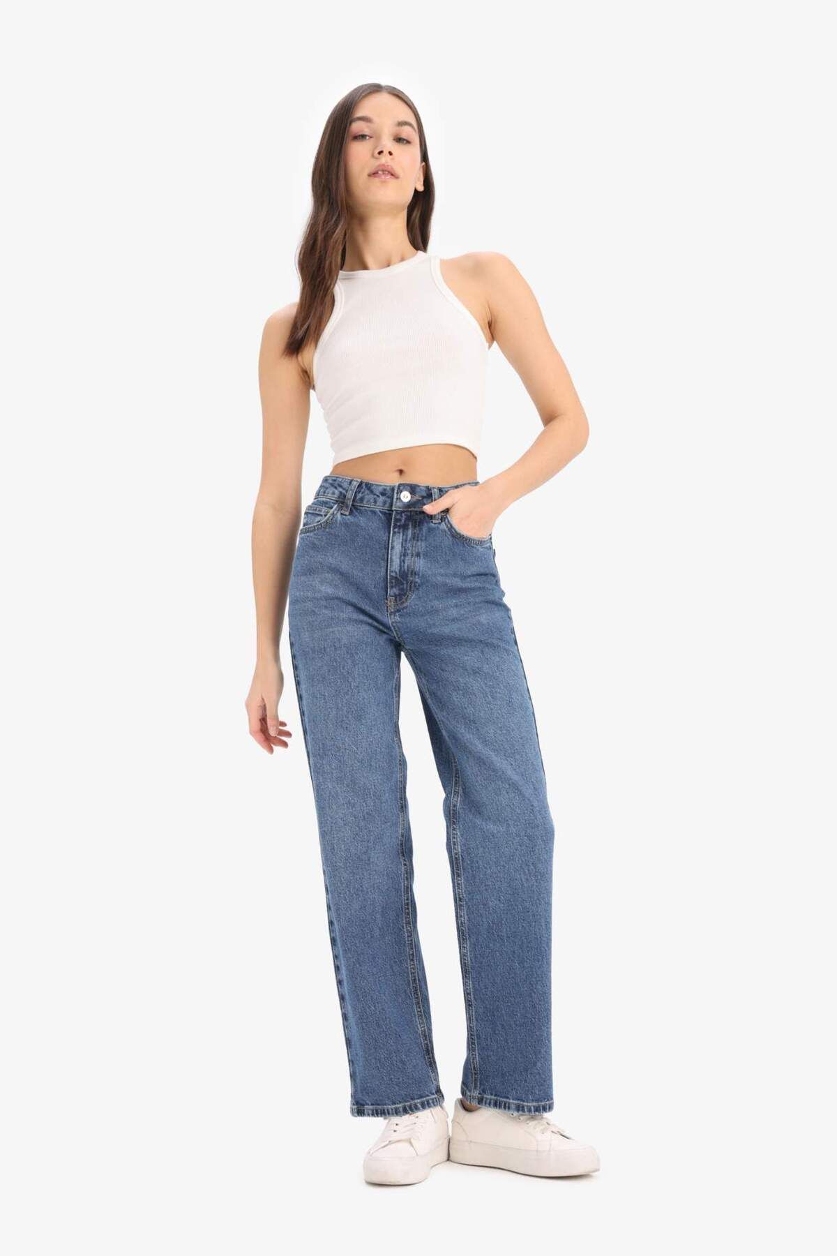 DeFacto-Bequeme, gerade, knöchellange Jeans mit hoher Taille und gewaschener Hose D8154AX25SM 3
