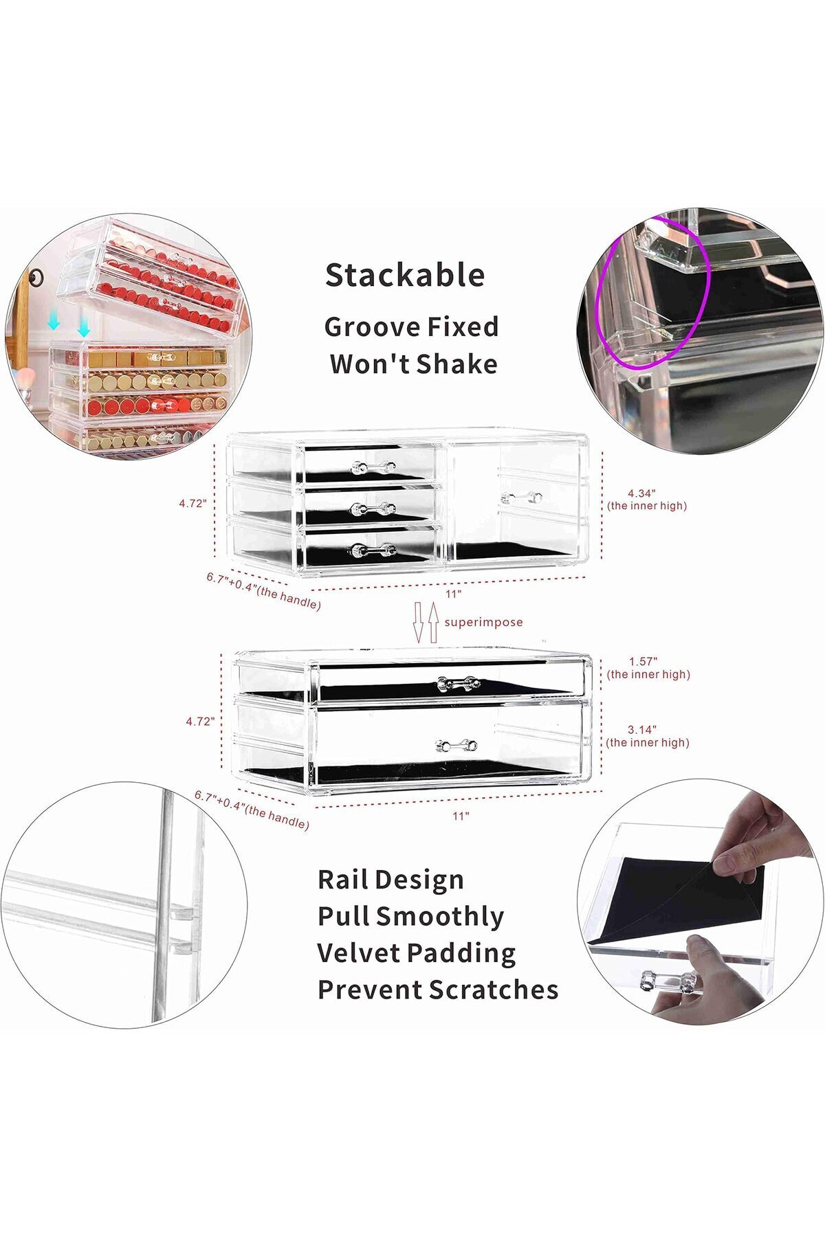 COOYA-6-piece stackable desktop storage box,drawer design,free combination,for many occasions,transparent 4