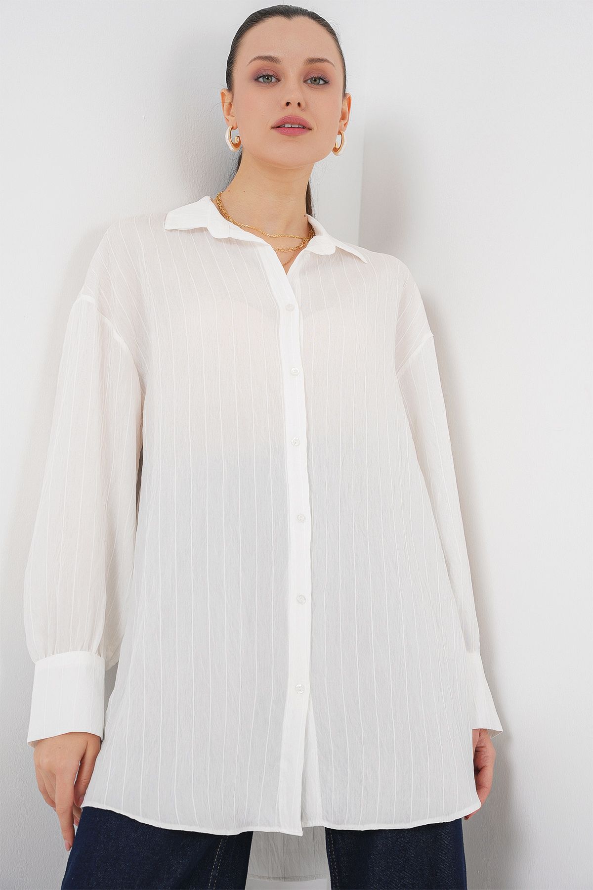 Bigdart-Gestreifte lange Hemdtunika für Damen 5963 – Weiß 4