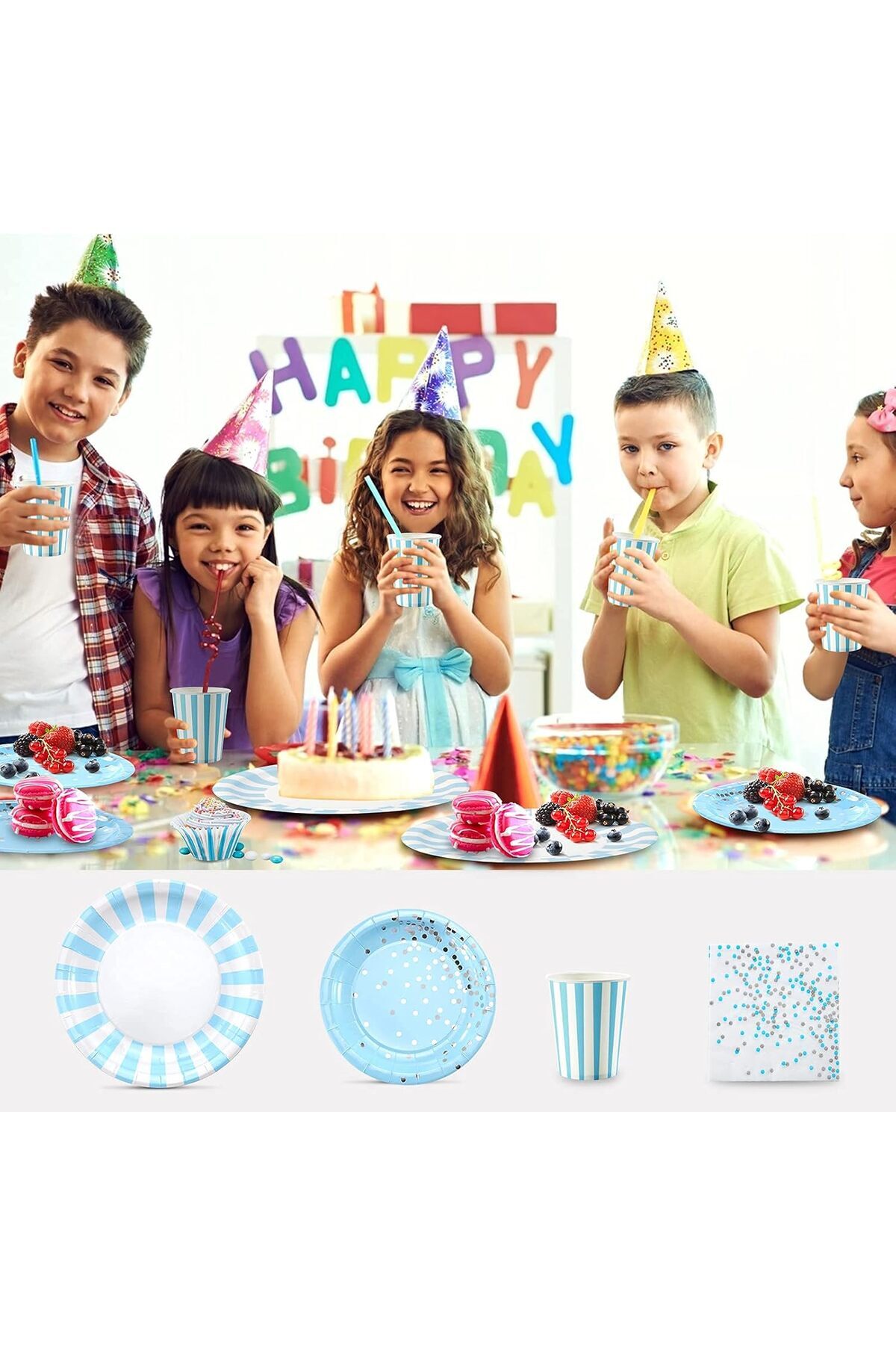 COOYA-64 Pcs Disposable Party Tableware Set, Suitable for Birthday Parties Festivals(Blue) 3