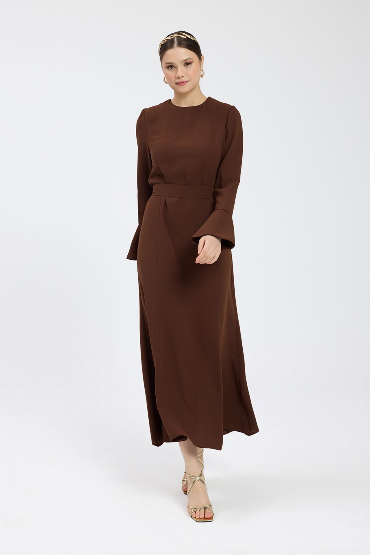 Birgül Bektaş-Brown Belted Crepe Dress 1