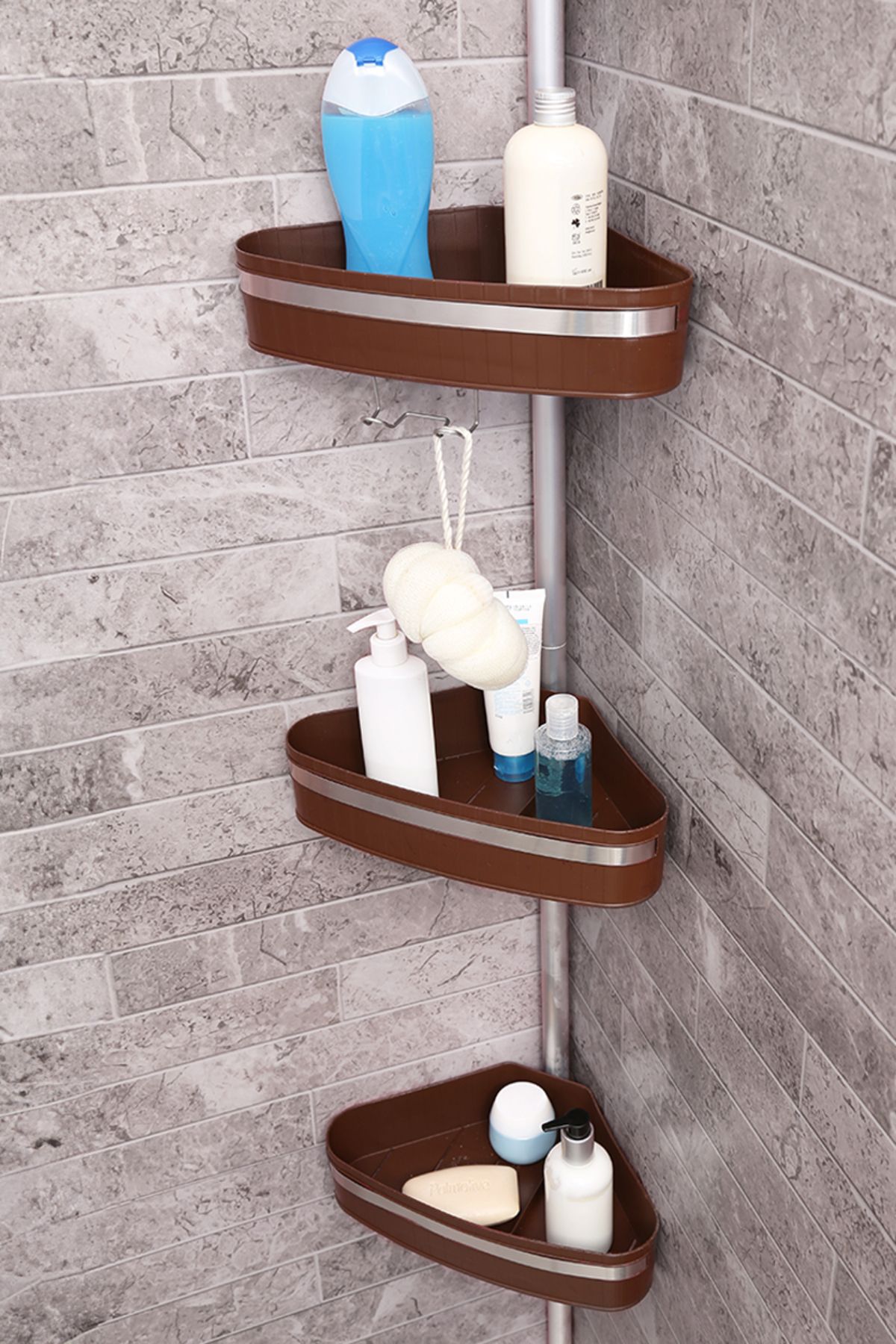 Prima Nova-Brown Fına Bathroom Corner Shelf - Stainless Aluminum Pipes 1