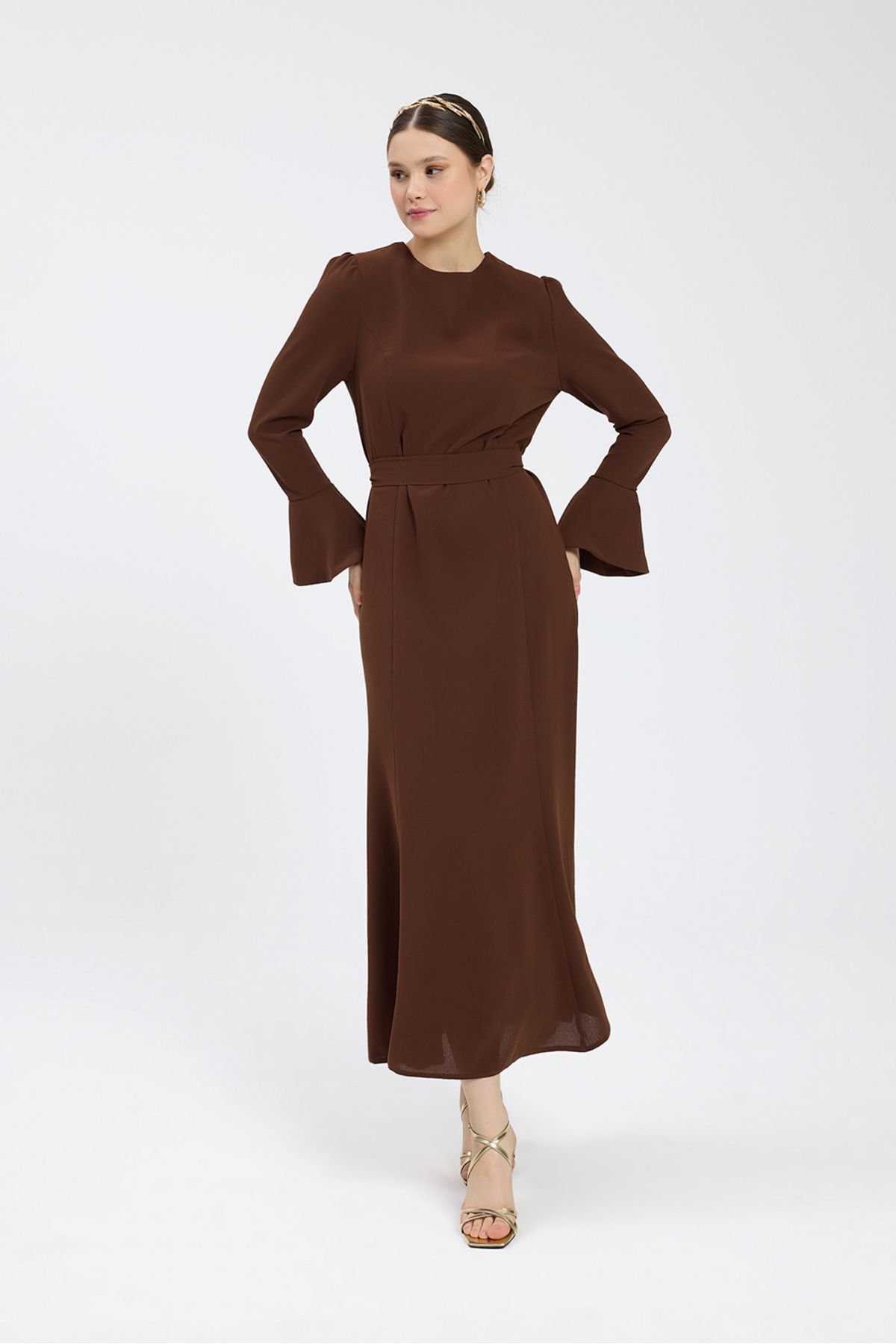 Birgül Bektaş-Brown Belted Crepe Dress 2