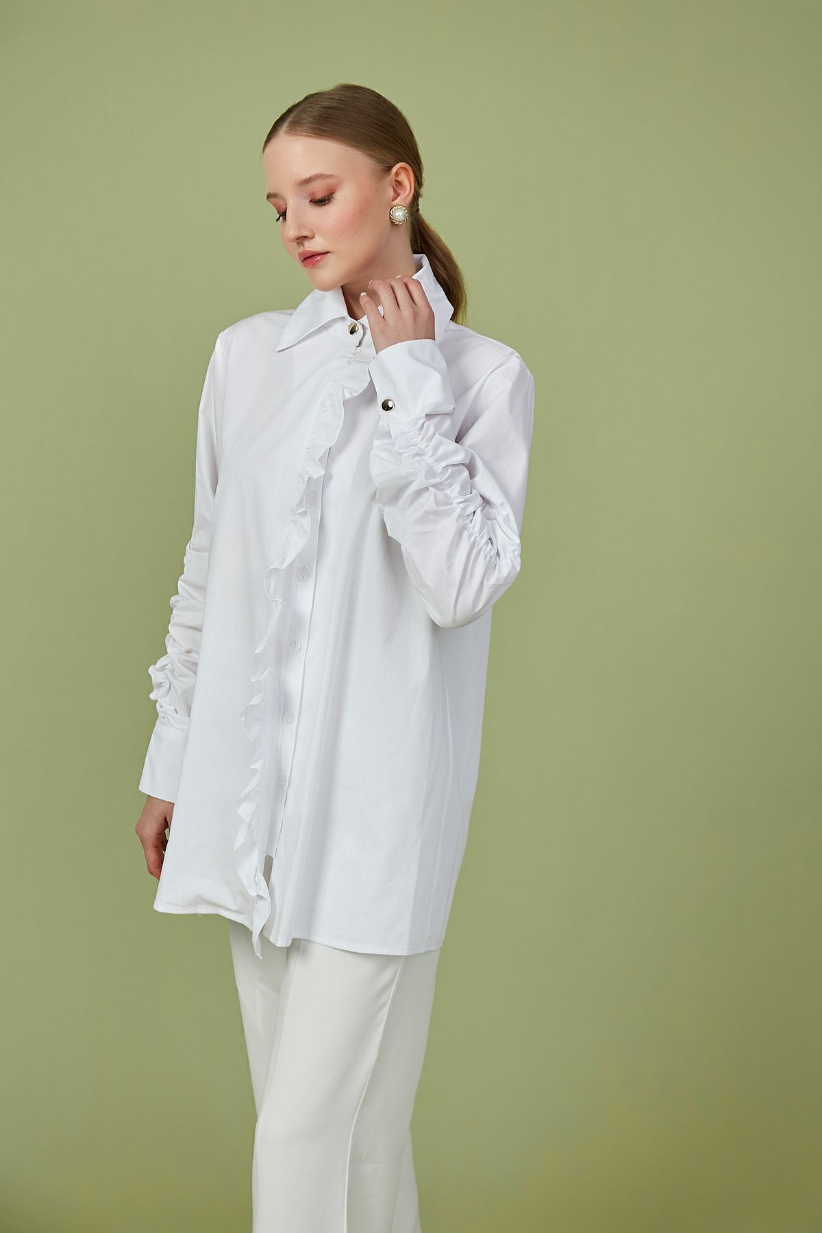 Birgül Bektaş-Poplin Tunic - White and Ruffle Detailed 4