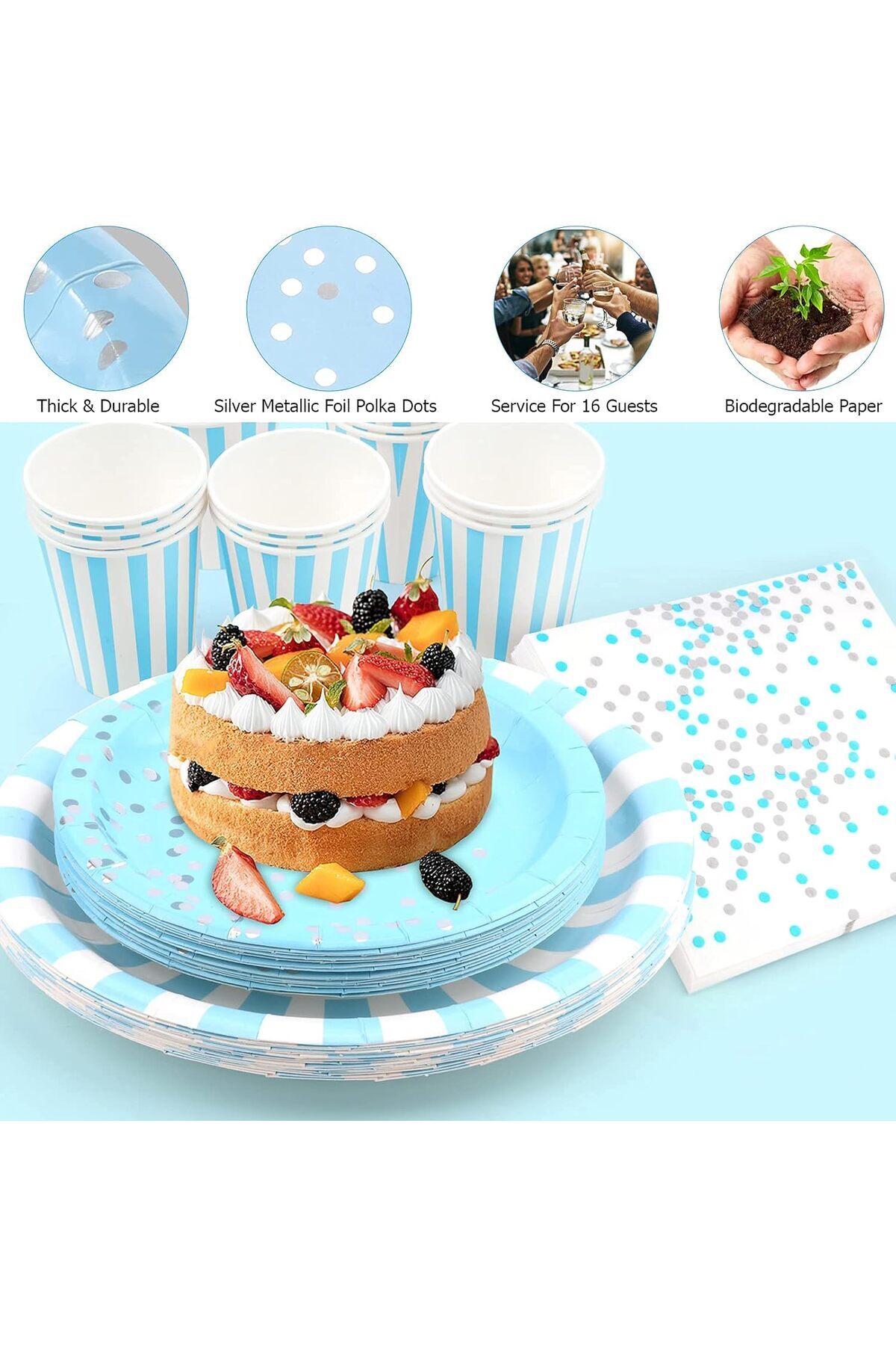 COOYA-64 Pcs Disposable Party Tableware Set, Suitable for Birthday Parties Festivals(Blue) 5
