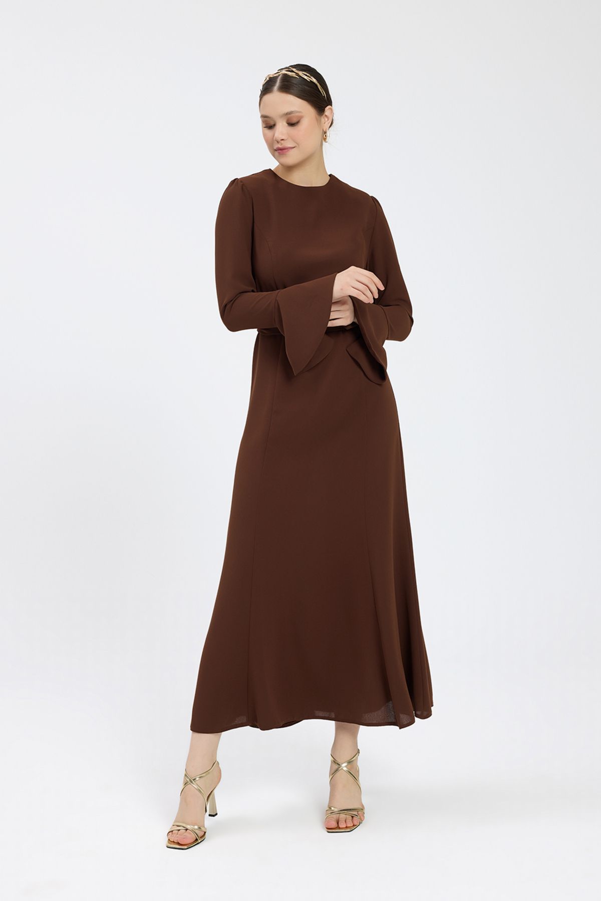 Birgül Bektaş-Brown Belted Crepe Dress 4