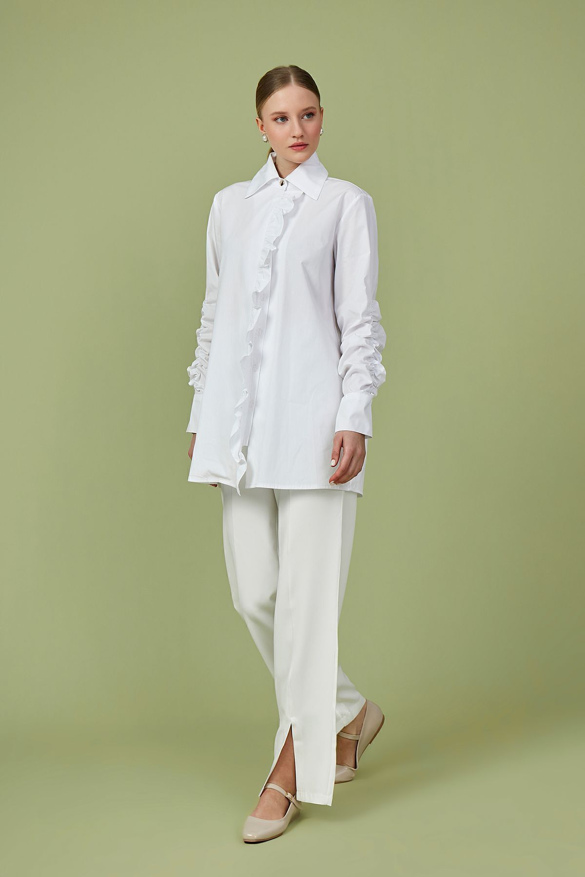 Birgül Bektaş-Poplin Tunic - White and Ruffle Detailed 7