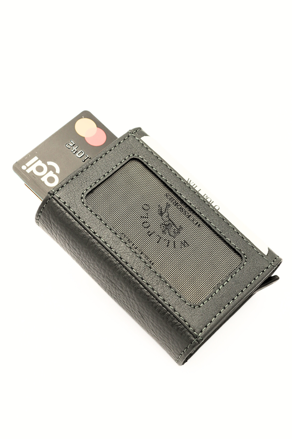 Authentic Calfskin Natural Grey Card Wallet with Pouch Sectional Mechanism