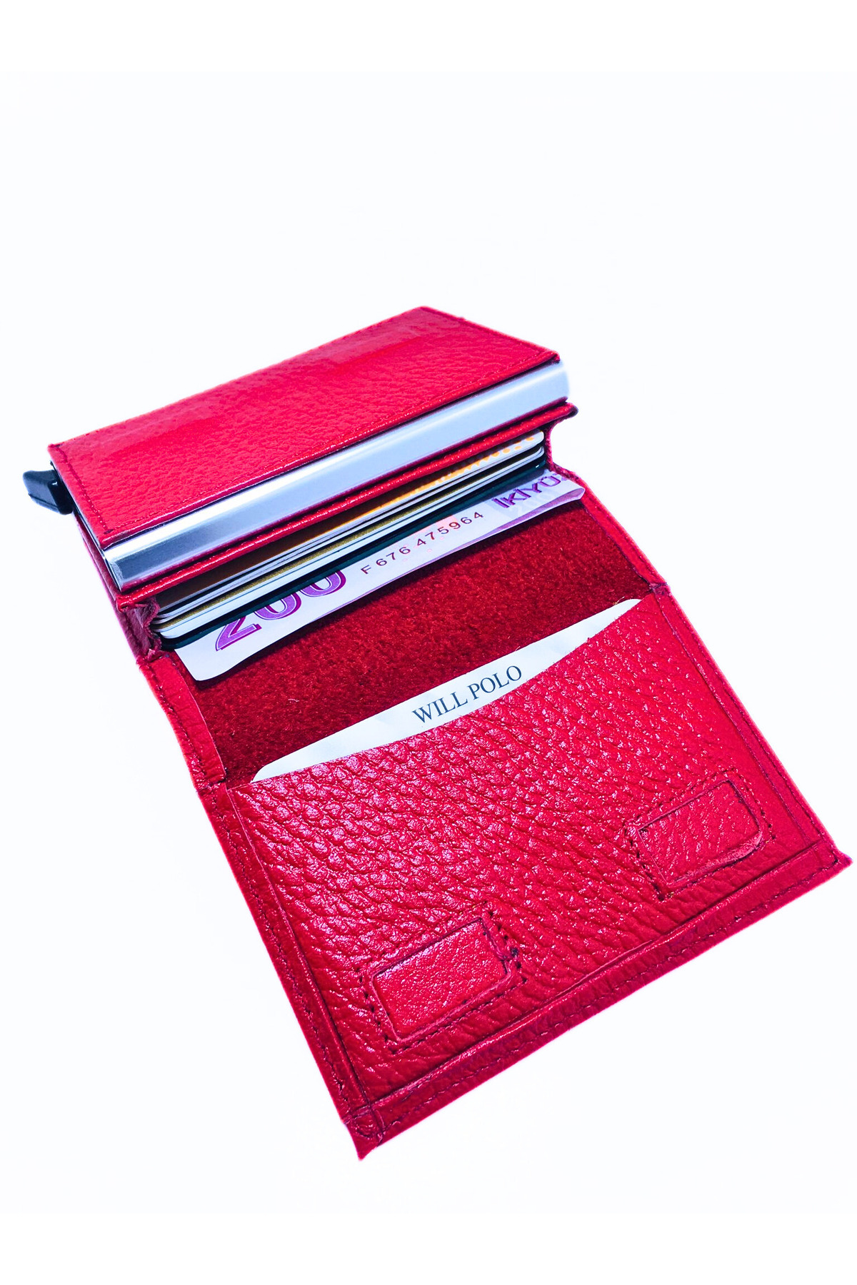 Authentic Calfskin Natural Red Card Wallet with Pouch Compartmented Mechanism