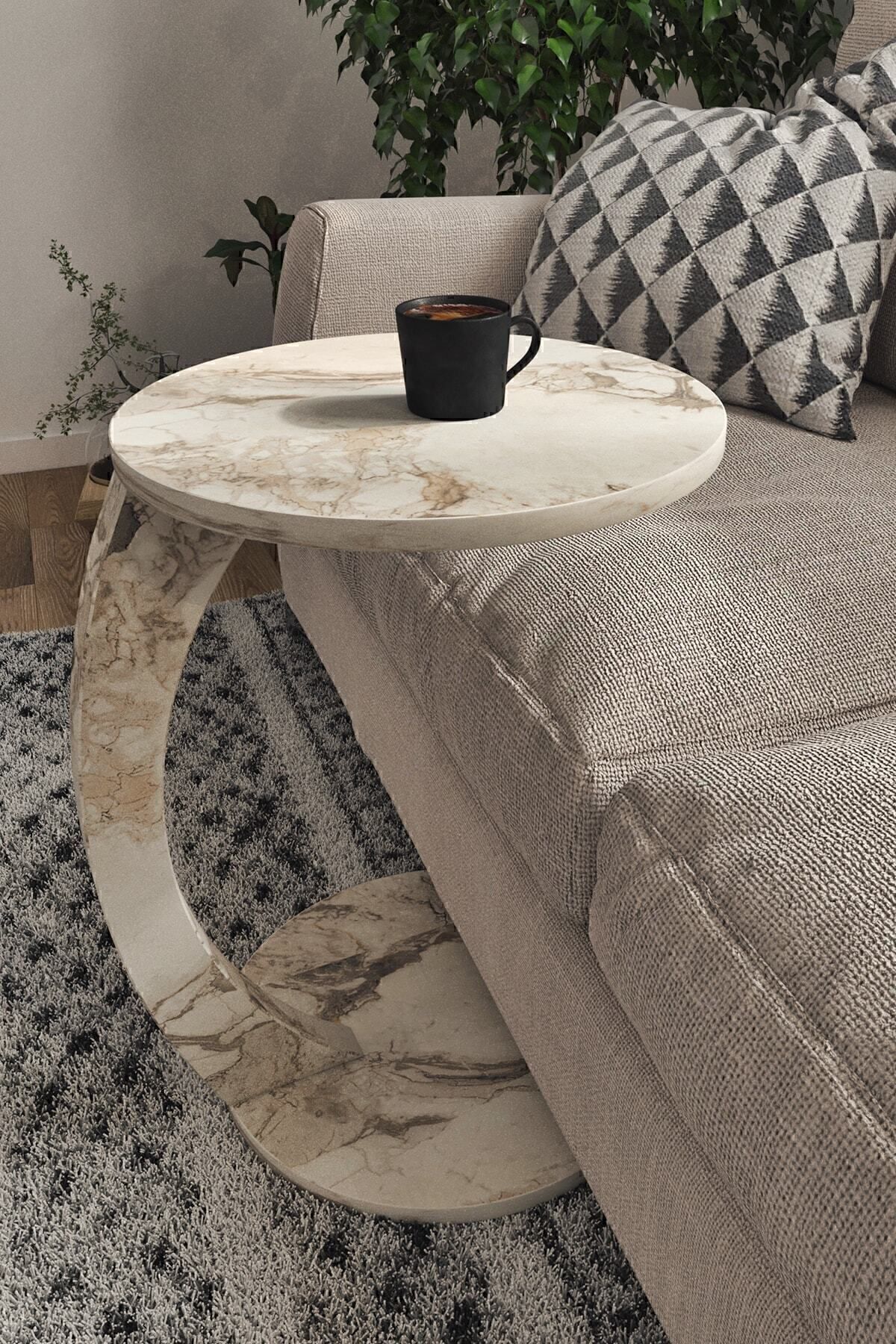 interGO-C-shaped Round End Table With Rolling Wheels - White Marble Pattern 2