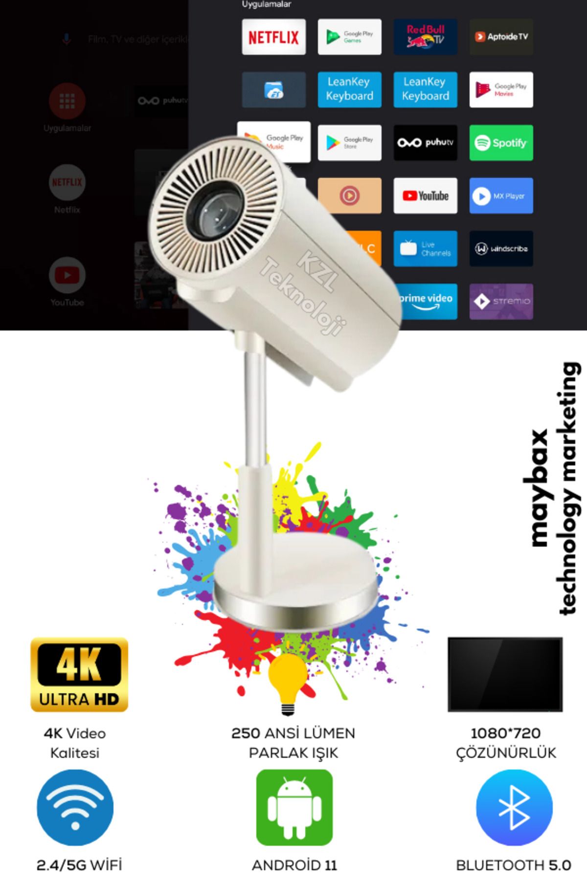 Taşınabilir Mini Android Projeksiyon Sinema 150inç Wifi Bluetooth Ayarlanabilir Boyut