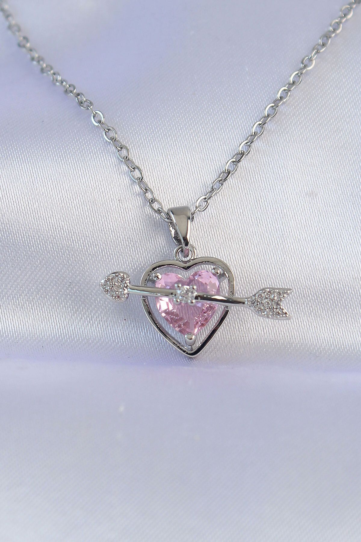 karadağsb 316L Çelik Zincir Gümüş Renk Pembe Zirkon Taşlı Eros Kolye - Tj-Bko8743