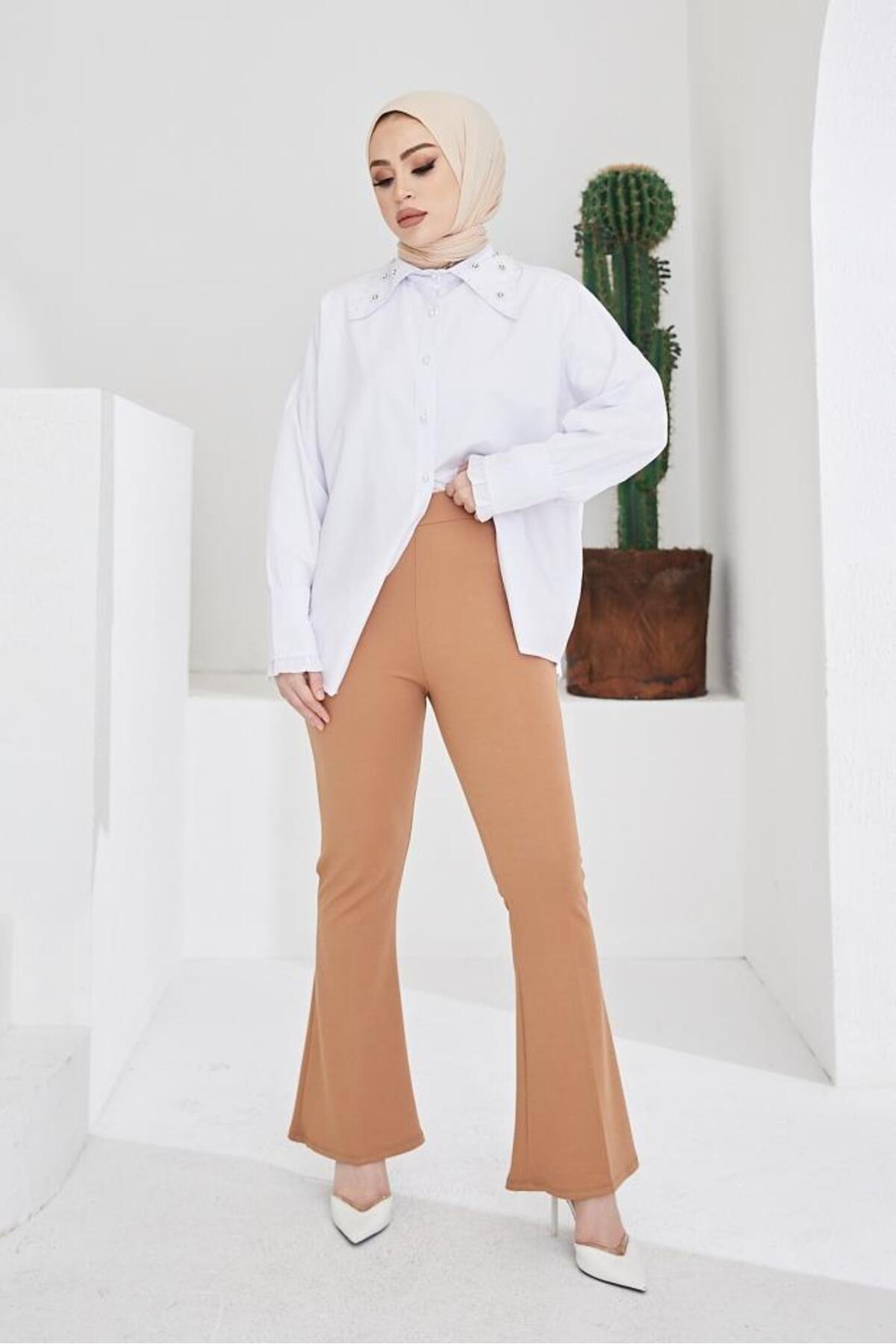 Genel Markalar İspanyol Paça Kumaş Pantolon Camel 206 görsel 5