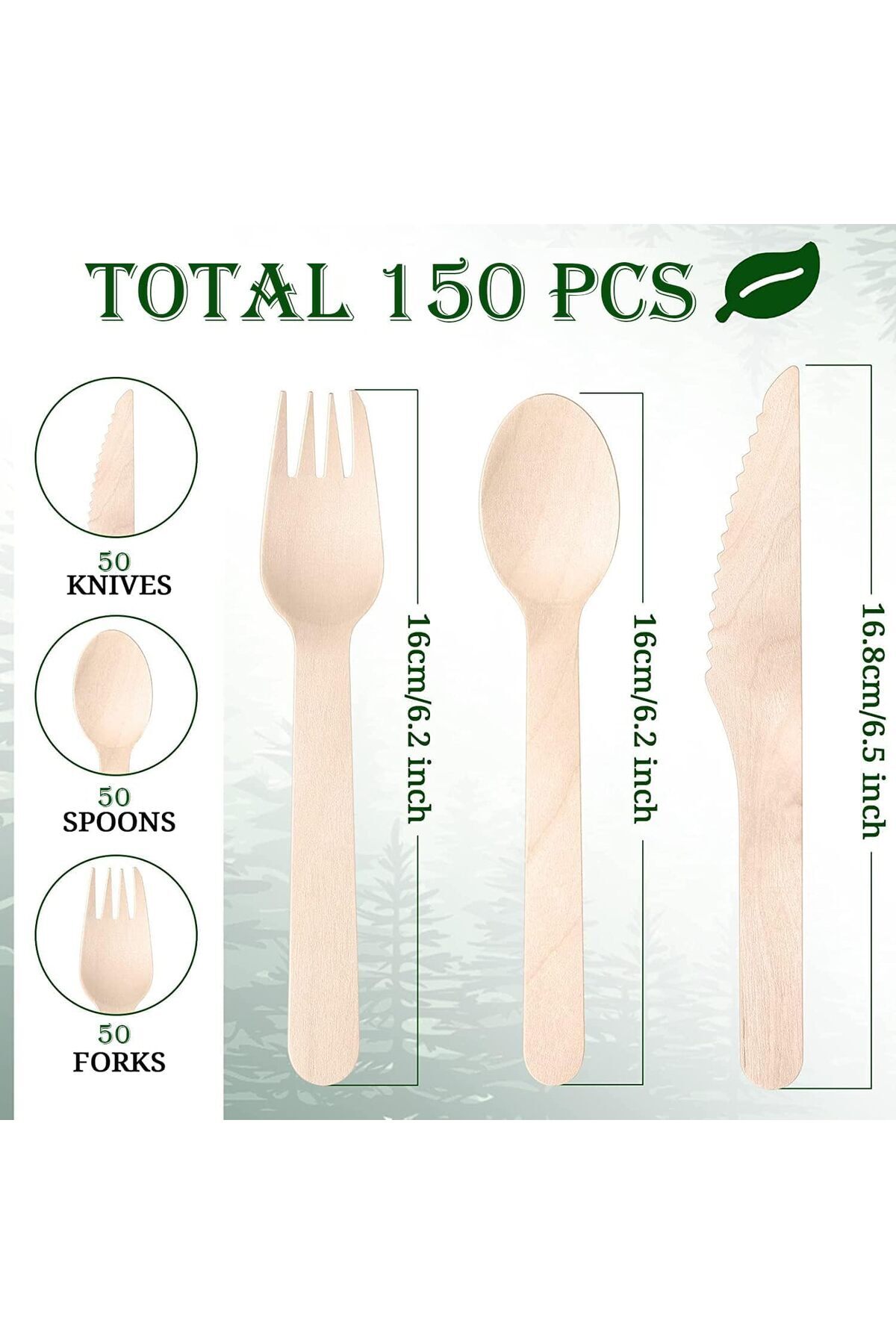 COOYA-50Pcs Disposable Wooden Cutlery Set, Eco Friendly Biodegradable, Compostable for Party Picnic Office 5