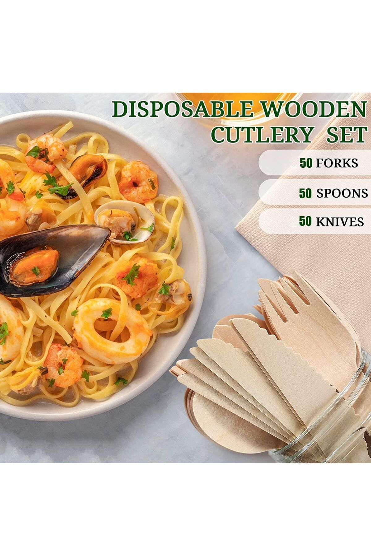 COOYA-50Pcs Disposable Wooden Cutlery Set, Eco Friendly Biodegradable, Compostable for Party Picnic Office 3