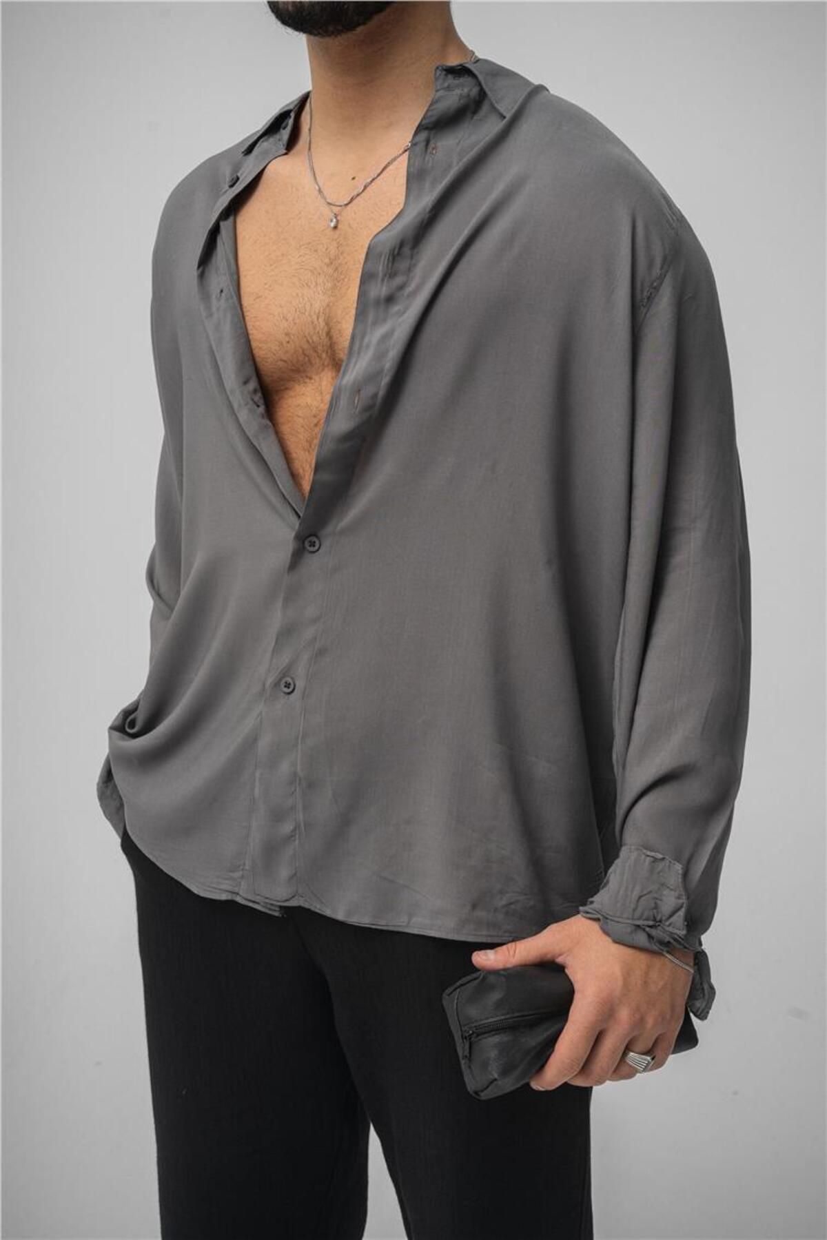 OUTFİT MAN-Men's Draped Oversize Shirt Anthracite 7