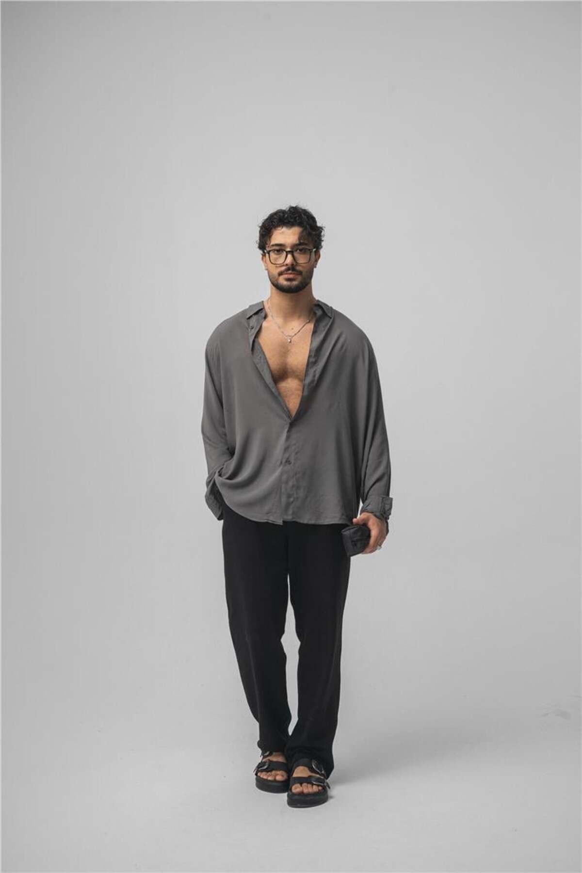 OUTFİT MAN-Men's Draped Oversize Shirt Anthracite 4