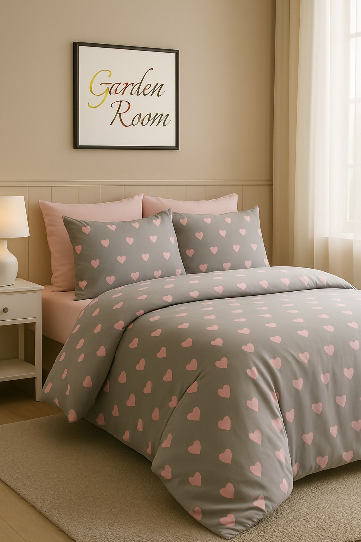 GARDEN ROOM-Double Leyla Gray Floor / Pink Heart Duvet Cover Set - with Elastic Sheet and Pillowcases 2