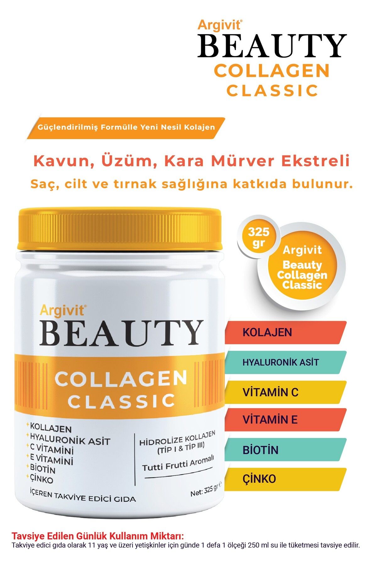 Argivit Beauty Collagen Classic Takviye Edici Gıda 325 gr Kolajen,çinko,vitamin C,vitamin E,kara Mürver