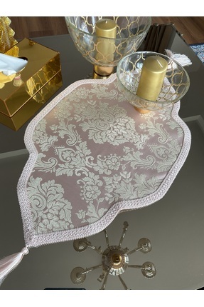 ELORA MAISON Brokar Kumaş Pudra Pembe Püsküllü Runner, Konsol Örtüsü