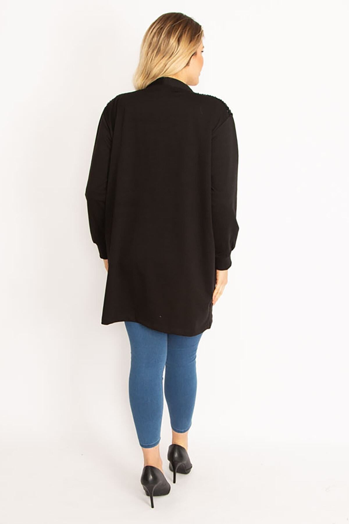 Şans-Große ungefütterte Damenjacke in Schwarz mit Pailletten und Kettenzubehör 65n35139 4