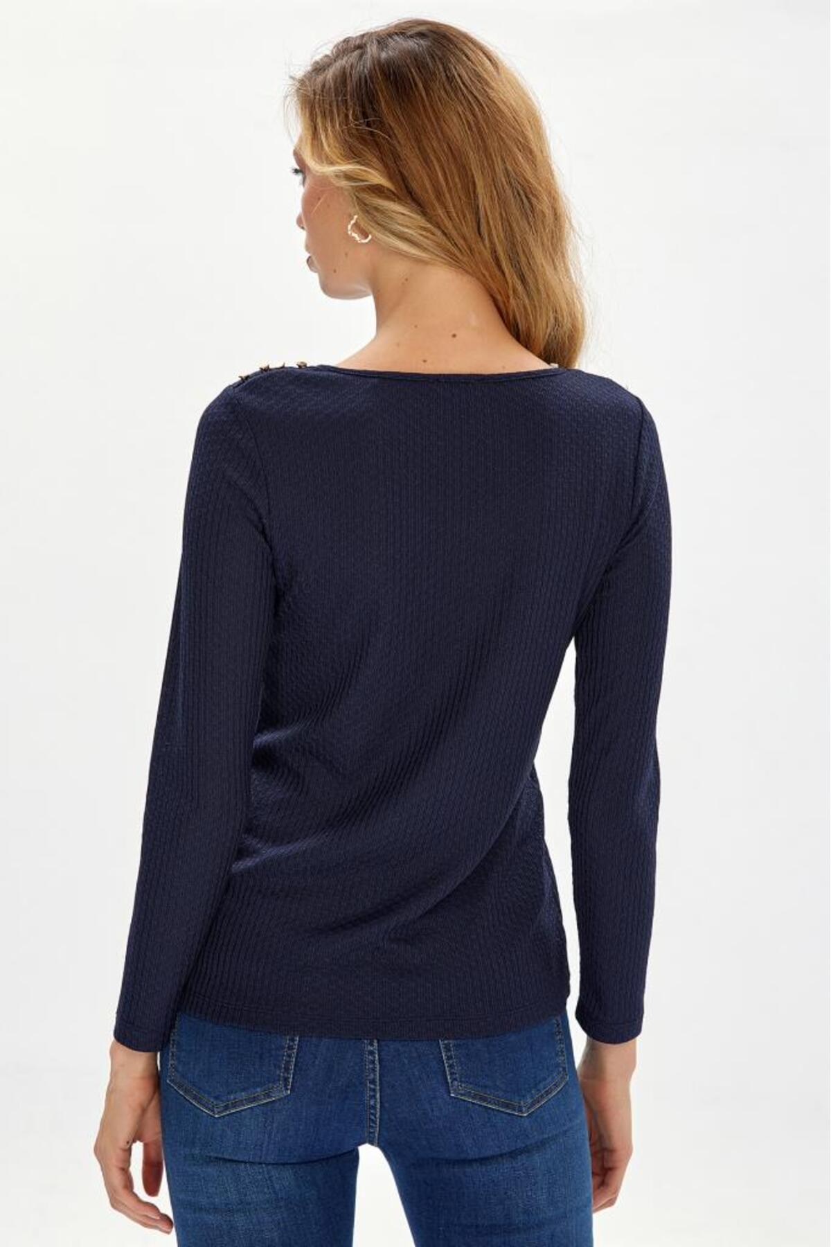 İkiler  Bisiklet Yaka Tek Omuzu Düğmeli Bluz 234-1206 - Görsel 5