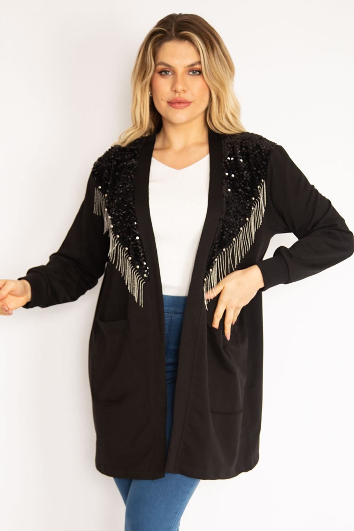 Şans-Große ungefütterte Damenjacke in Schwarz mit Pailletten und Kettenzubehör 65n35139 7