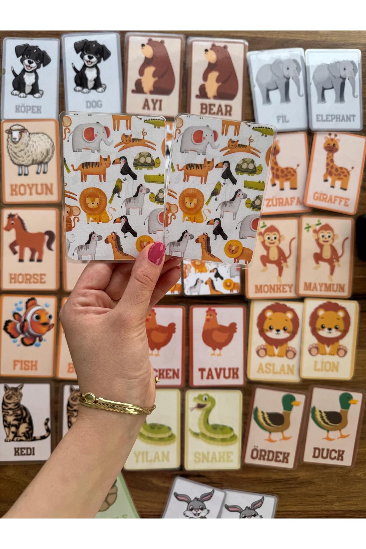 کارت‌های جفت‌کردنی آموزشی ترکی-انگلیسی حافظه حیوانات (پاره نشدنی و ضد پارگی)